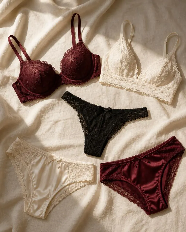 Flatlay mit fünf Dessous-Teilen in Schwarz, Bordeaux und Creme auf Leinen