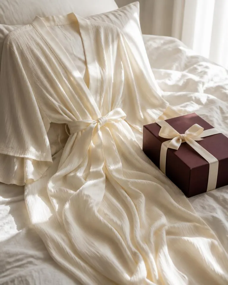 Fliessender cremefarbener Kimono auf hellem Bett neben edler Geschenkbox