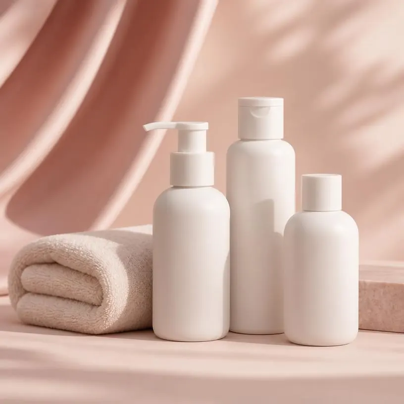 Kleines Pflegeset mit neutralen weissen Flaschen und weichem Tuch auf roséfarbenem Hintergrund