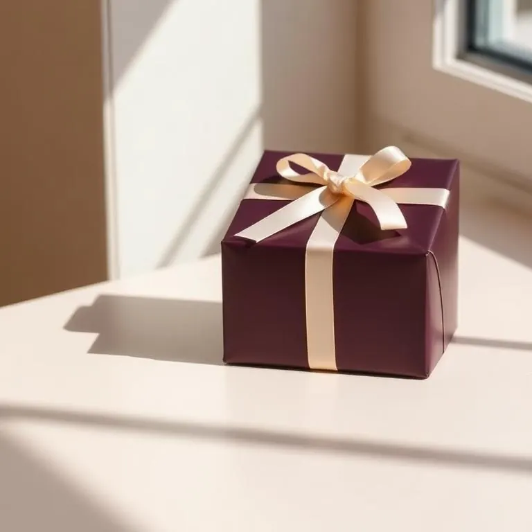 Geschlossene matte Geschenkbox in Dunkelbeere mit cremefarbenem Band auf hellem Untergrund